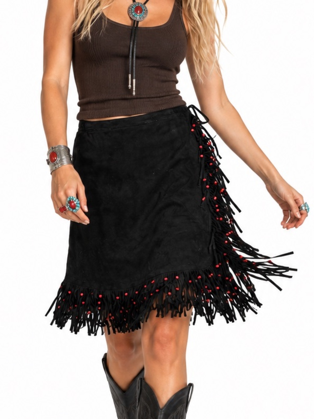 Vintage Black Suede Fringe Red Bead Western Wrap Midi Skirt L XL Cowgirl